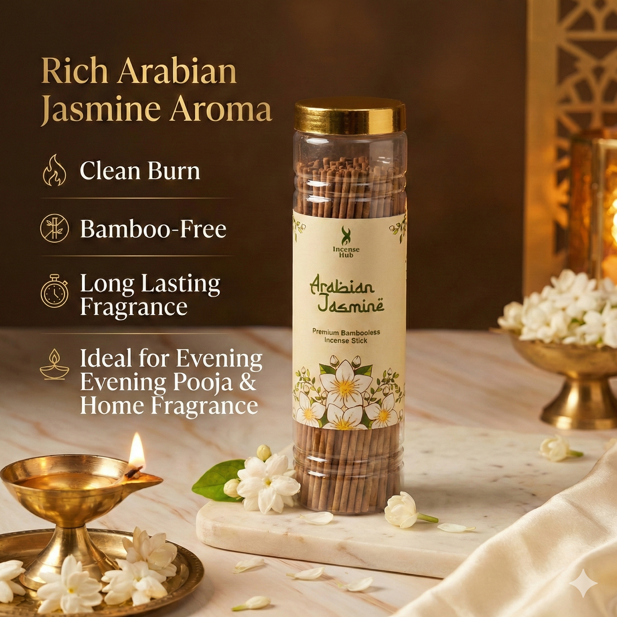 Incense Hub | Arabian Jasmine Premium BAMBOOLESS Incense | Pack of 250g