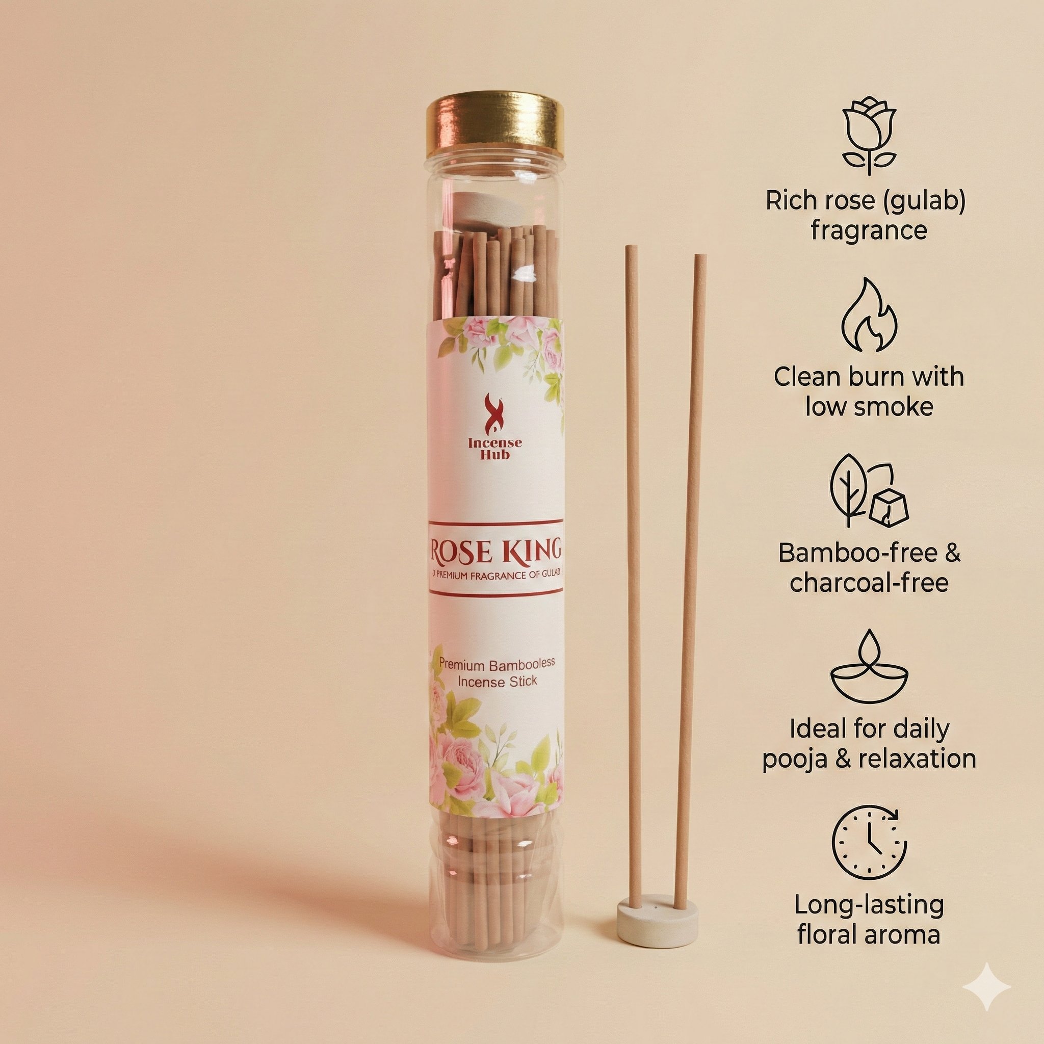 Rose King Premium BAMBOOLESS Incense 100 GM | A Premium Fragrance | Natural Fragrance | Charcoal Free | ECO Friendly
