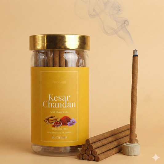 Kesar Chandan Dhoop Sticks in Jar | Charcoal-Free Natural Dhoopbatti | Low Smoke, Long-Lasting Floral Aroma for Pooja, Meditation & Home Fragrance | Pure Soul | 80g