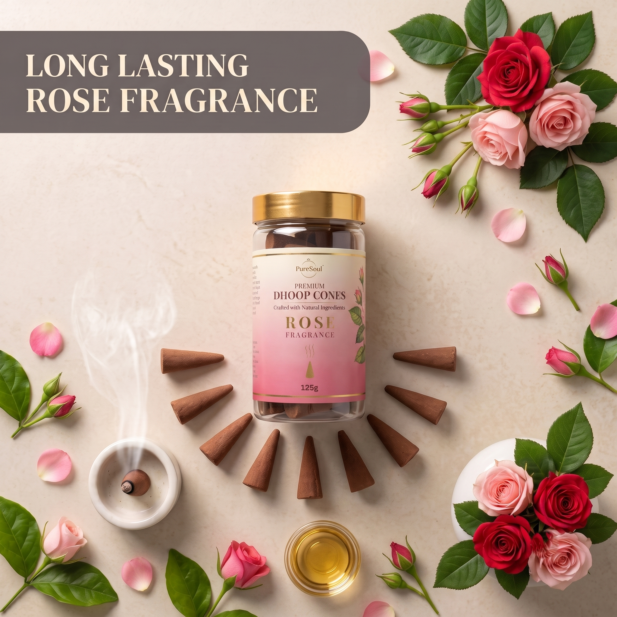 Rose Dhoop Cones in Jar | Pure Soul | 125g