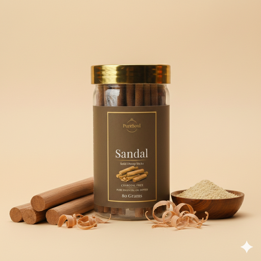 Sandal Dhoop Sticks in Jar | Charcoal-Free Natural Dhoopbatti | Low Smoke, Long-Lasting Floral Aroma for Pooja, Meditation & Home Fragrance | Pure Soul | 80g