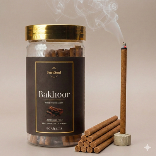 Bakhoor Dhoop Sticks in Jar | Charcoal-Free Natural Dhoopbatti | Low Smoke, Long-Lasting Floral Aroma for Pooja, Meditation & Home Fragrance | Pure Soul | 80g