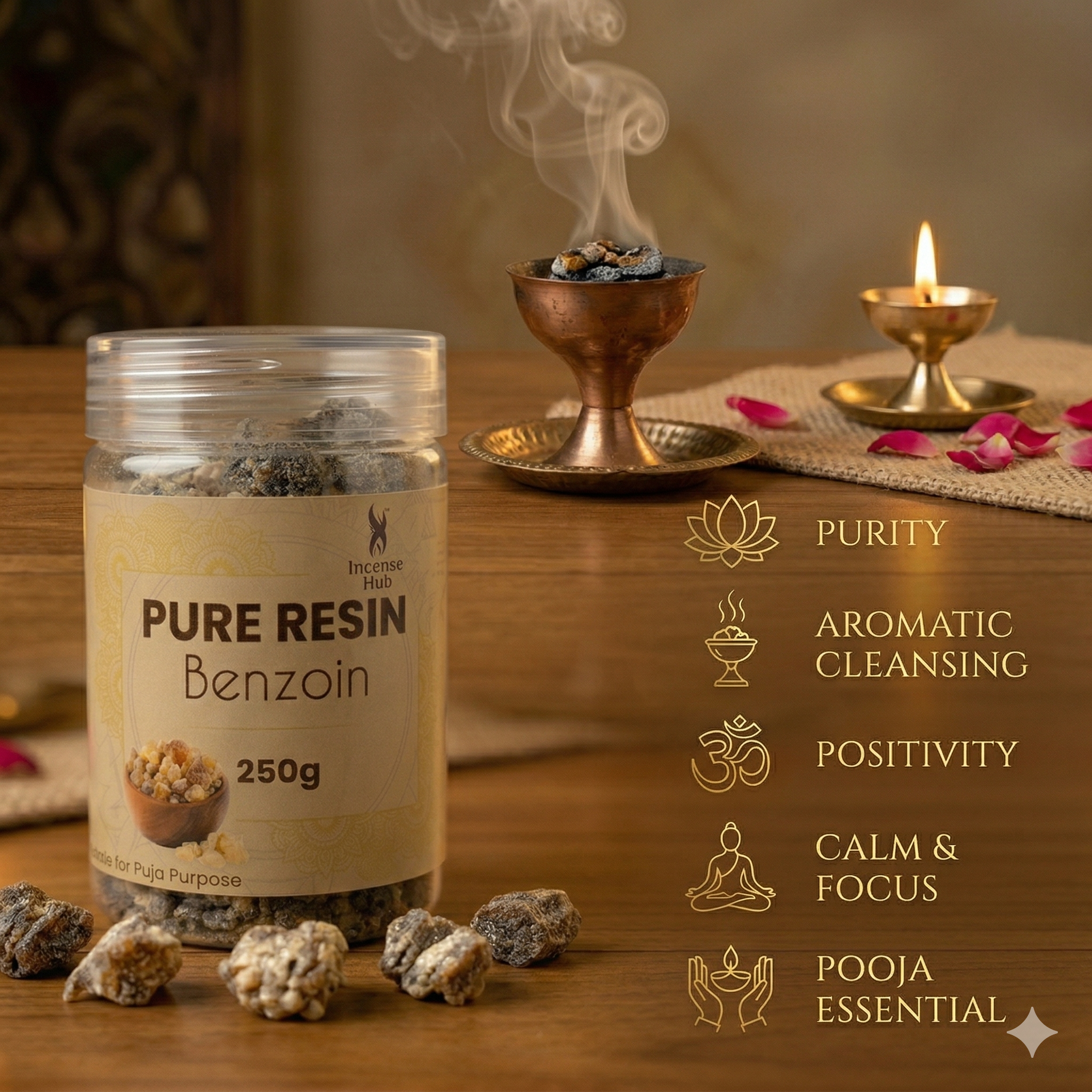 100% Pure Resin | BENZOIN | Premium Temple-Grade Benzoin for Havan | Dhoop & Vastu Cleansing | Long-Lasting Sacred Aroma | 250g | INCENSE HUB