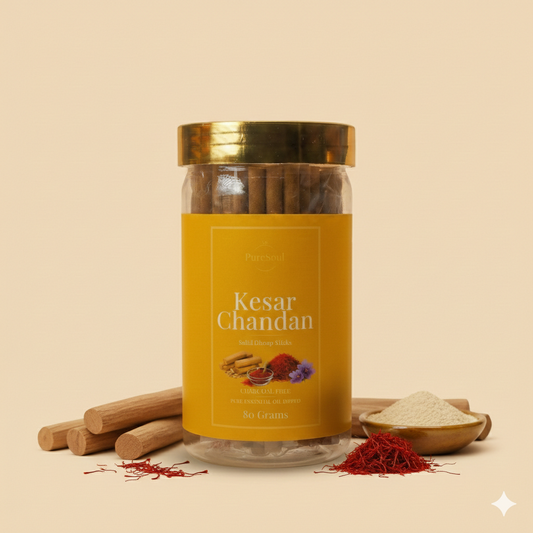 Kesar Chandan Dhoop Sticks in Jar | Charcoal-Free Natural Dhoopbatti | Low Smoke, Long-Lasting Floral Aroma for Pooja, Meditation & Home Fragrance | Pure Soul | 80g