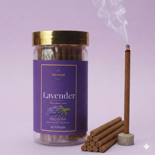 Lavender Dhoop Sticks in Jar | Charcoal-Free Natural Dhoopbatti | Low Smoke, Long-Lasting Floral Aroma for Pooja, Meditation & Home Fragrance | Pure Soul | 80g