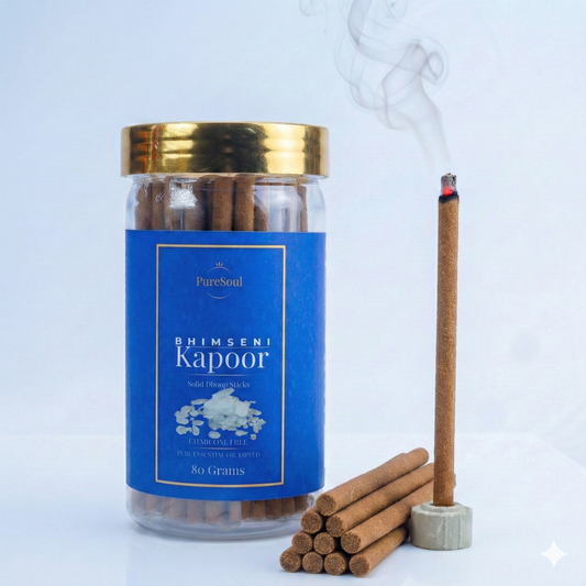 Bhimseni Kapoor Dhoop Sticks in Jar | Charcoal-Free Natural Dhoopbatti | Low Smoke, Long-Lasting Floral Aroma for Pooja, Meditation & Home Fragrance | Pure Soul | 80g
