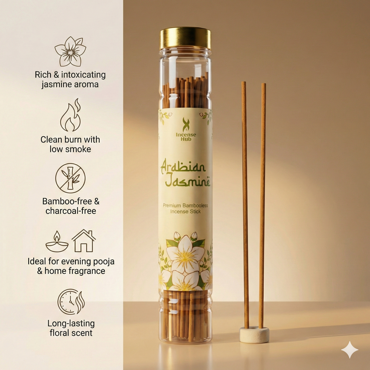 Arabian Jasmine Premium BAMBOOLESS Incense | Pack of 100 GMS Each | A Premium Fragrance | Natural Fragrance | Charcoal Free | ECO Friendly