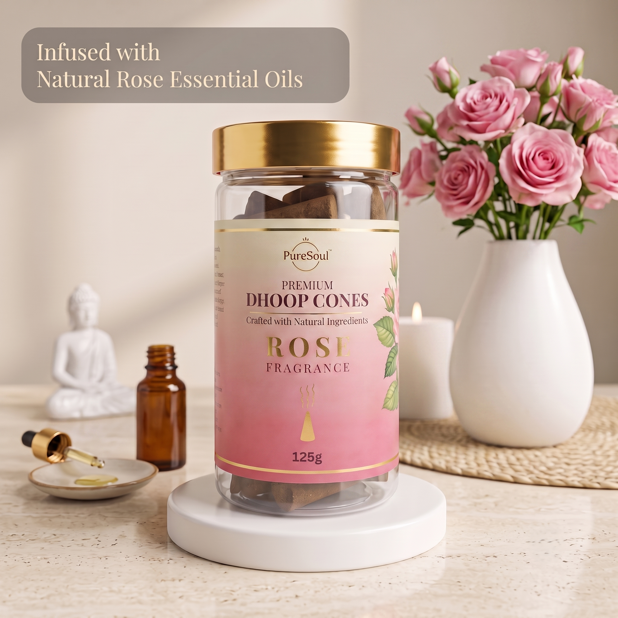 Rose Dhoop Cones in Jar | Pure Soul | 125g