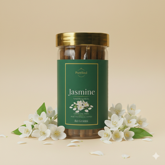 Jasmine Dhoop Sticks in Jar | Charcoal-Free Natural Dhoopbatti | Low Smoke, Long-Lasting Floral Aroma for Pooja, Meditation & Home Fragrance | Pure Soul | 80g