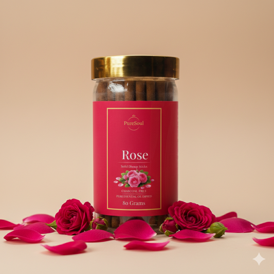 Rose Dhoop Sticks in Jar | Charcoal-Free Natural Dhoopbatti | Low Smoke, Long-Lasting Floral Aroma for Pooja, Meditation & Home Fragrance | Pure Soul | 80g