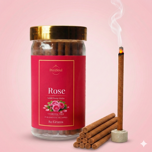 Rose Dhoop Sticks in Jar | Charcoal-Free Natural Dhoopbatti | Low Smoke, Long-Lasting Floral Aroma for Pooja, Meditation & Home Fragrance | Pure Soul | 80g