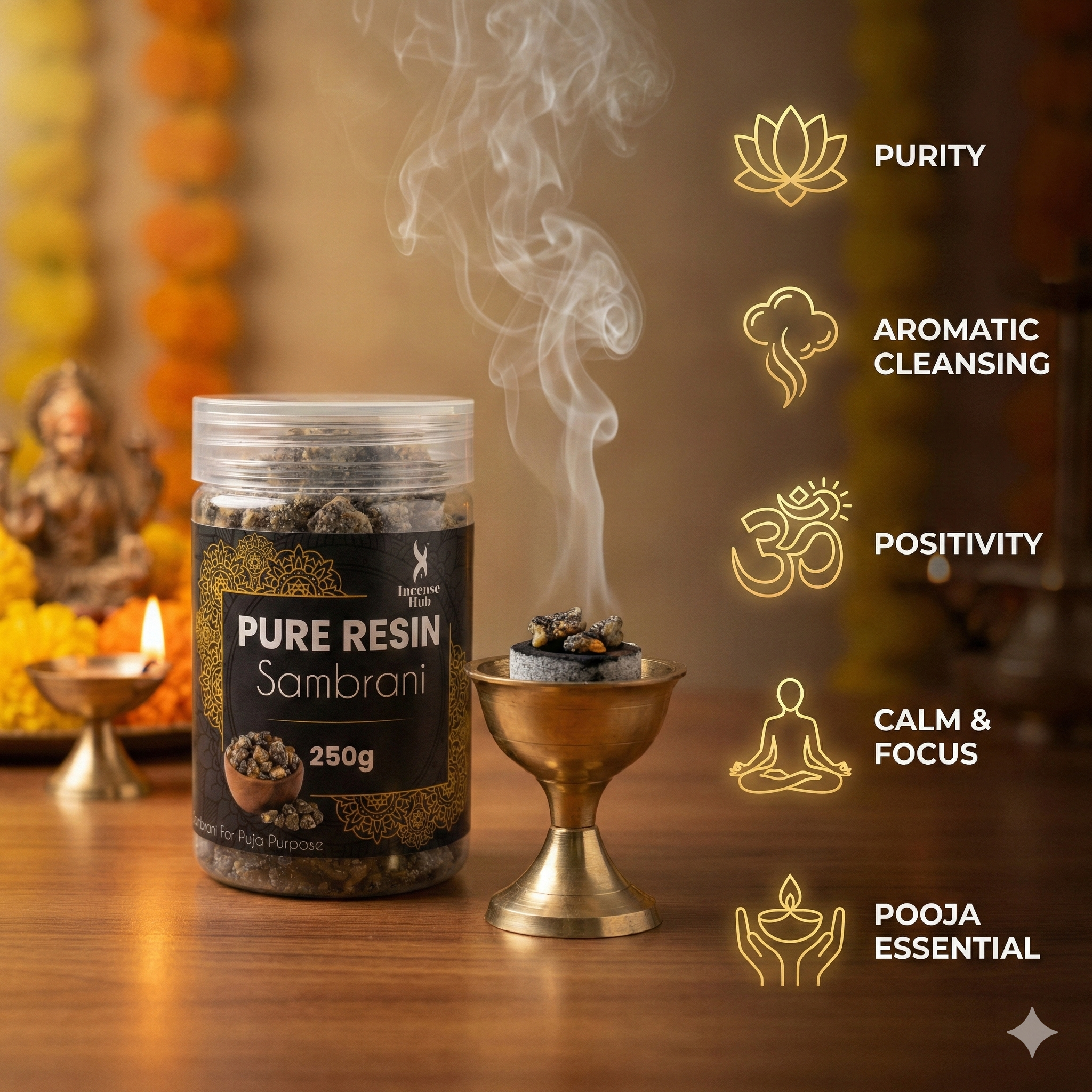 100% Pure Resin | SAMBRANI| Premium Temple-Grade SAMBRANI for Havan | Dhoop & Vastu Cleansing | Long-Lasting Sacred Aroma | 250g | INCENSE HUB