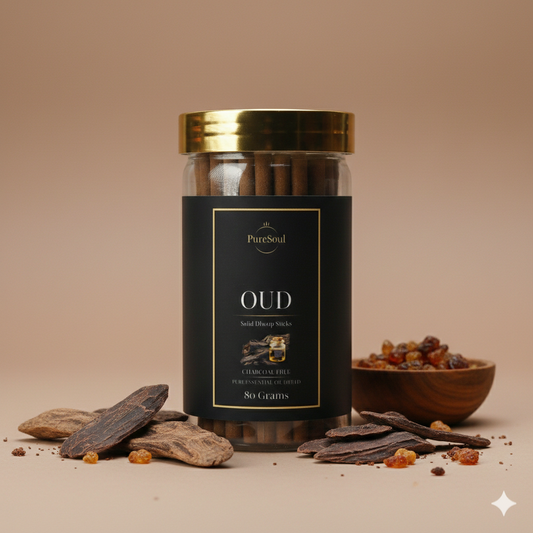 Oud Dhoop Sticks in Jar | Charcoal-Free Natural Dhoopbatti | Low Smoke, Long-Lasting Floral Aroma for Pooja, Meditation & Home Fragrance | Pure Soul | 80g