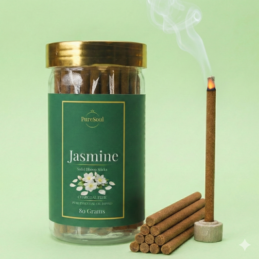 Jasmine Dhoop Sticks in Jar | Charcoal-Free Natural Dhoopbatti | Low Smoke, Long-Lasting Floral Aroma for Pooja, Meditation & Home Fragrance | Pure Soul | 80g