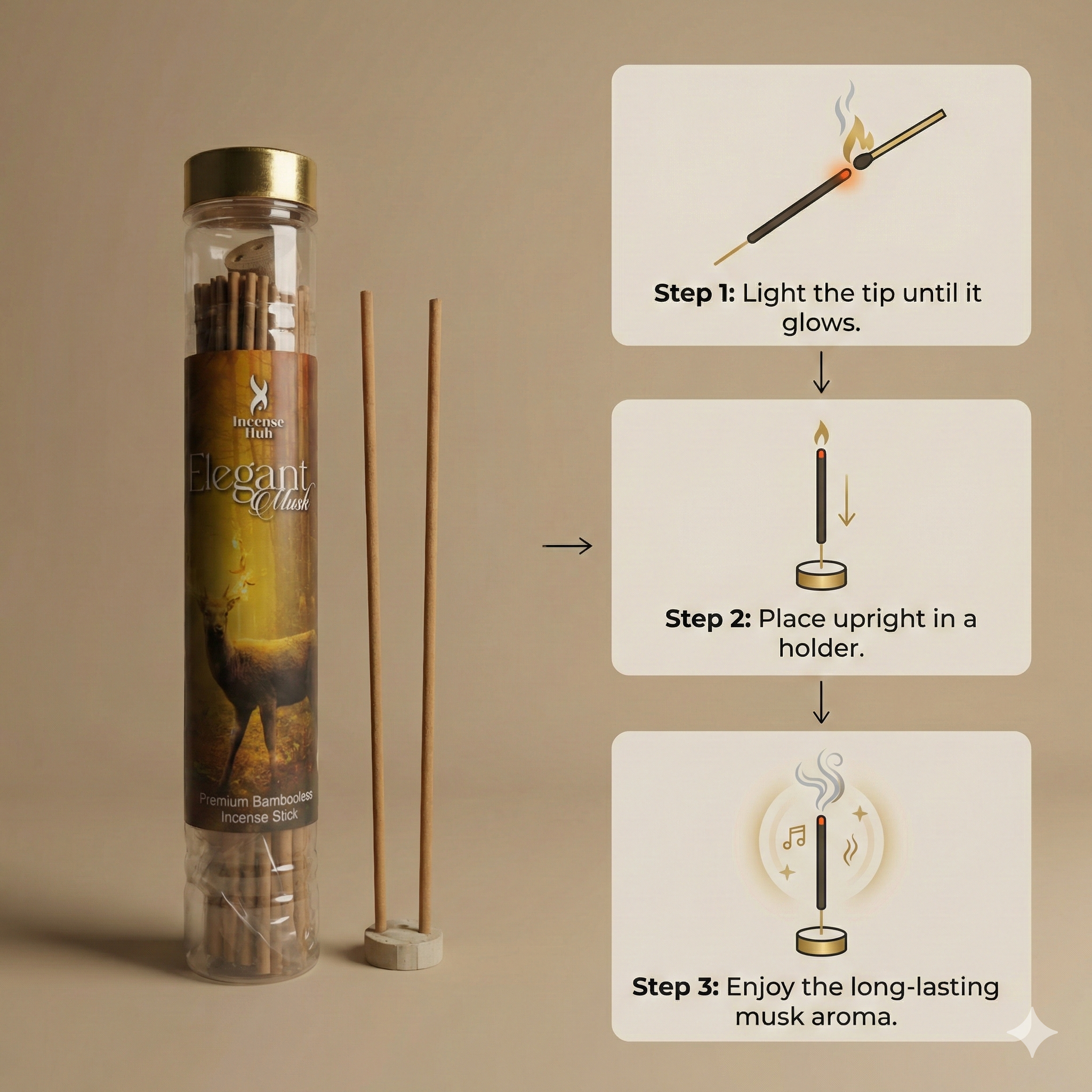 Elegant Musk Premium BAMBOOLESS Incense | Pack of 100 GMS Each | A Premium Fragrance | Natural Fragrance | Charcoal Free | ECO Friendly