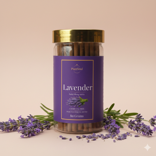 Lavender Dhoop Sticks in Jar | Charcoal-Free Natural Dhoopbatti | Low Smoke, Long-Lasting Floral Aroma for Pooja, Meditation & Home Fragrance | Pure Soul | 80g
