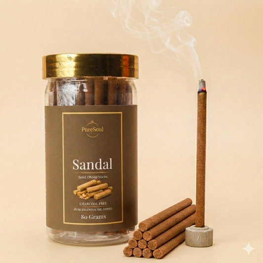 Sandal Dhoop Sticks in Jar | Charcoal-Free Natural Dhoopbatti | Low Smoke, Long-Lasting Floral Aroma for Pooja, Meditation & Home Fragrance | Pure Soul | 80g