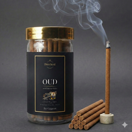 Oud Dhoop Sticks in Jar | Charcoal-Free Natural Dhoopbatti | Low Smoke, Long-Lasting Floral Aroma for Pooja, Meditation & Home Fragrance | Pure Soul | 80g